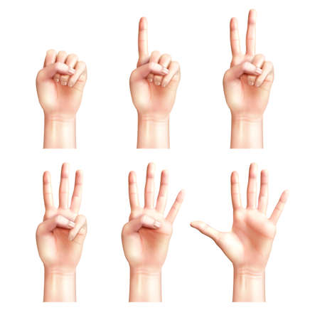 Six gestures of realistic people hands with fingers counting from zero to five isolated vector illustrationのイラスト素材
