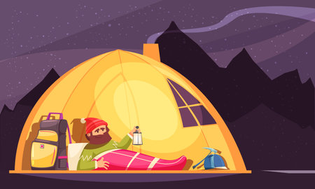 Mountaineering cartoon design with alpinist in sleeping bag holding lantern in tent at night vector illustrationのイラスト素材