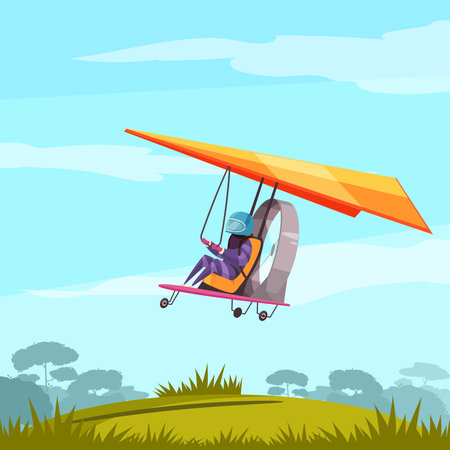 Skydiving extreme sport adventure flat abstract poster with glider pilot flight  before landing landscape background vector illustrationのイラスト素材