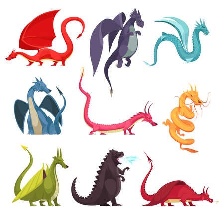 Funny colorful fire breathing dragons monsters weird snake like creatures flat cartoon icons set isolated vector illustrationのイラスト素材
