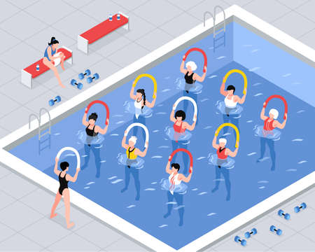 Water aerobics class women group during exercises with equipment in pool isometric vector illustrationのイラスト素材