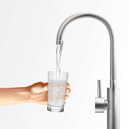 Faucet realistic composition with images of metallic faucet running water into glass held by human hand vector illustrationのイラスト素材
