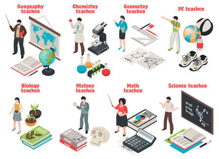 Teachers and school set with Biology and Geography symbols isolated isometric vector illustrationのイラスト素材