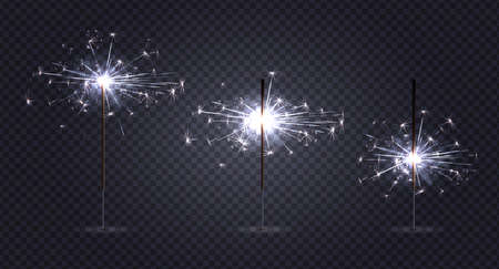 Bengal lights pyrotechnics realistic set on transparent background with three sticks at different stages of burning vector illustrationのイラスト素材