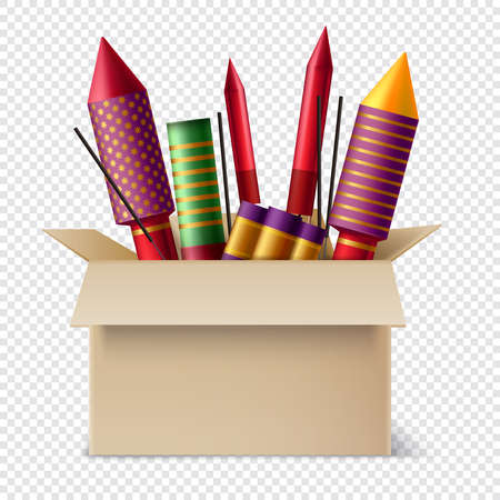 Realistic pyrotechnics in box composition with different sparklers and sticks of bengal lights inside the pasteboard box vector illustrationのイラスト素材