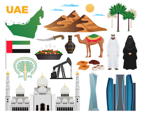 UAE travel flat icons collection with landmarks national flag clothing cuisine mountains modern architecture mosque vector illustrationのイラスト素材