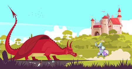 Medieval legendary knight warrior fighting fierce dragon near castle to save princess fair tale cartoon vector illustrationのイラスト素材