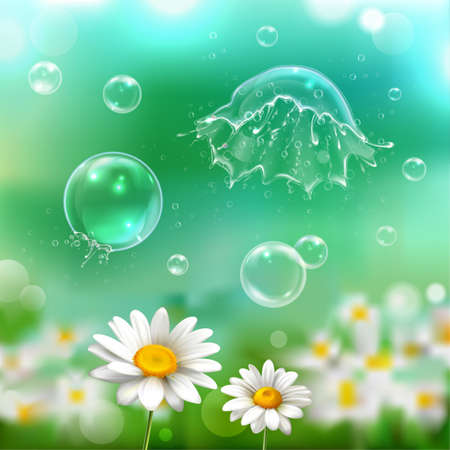 Soap bubbles floating bursting popping exploding above chamomile flowers realistic image with green blurry background vector illustrationのイラスト素材