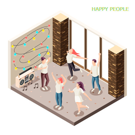 Happy young people in casual clothing dancing indoor with disco lights and speakers isometric composition vector illustrationのイラスト素材