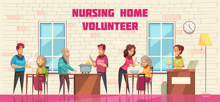 Volunteer social help and support for elderly people in nursing home flat cartoon horizontal banner vector illustrationのイラスト素材