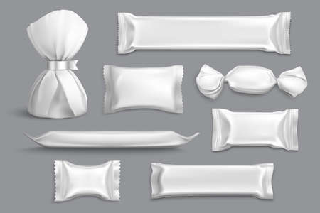 Candy packaging supplies products isolated blank mockup samples collection with foil wrappers gray background realistic vector illustrationのイラスト素材