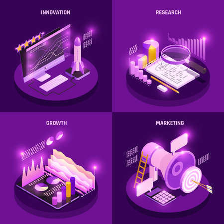 Business strategy isometric concept icons set with research and marketing symbols isolated vector illustrationのイラスト素材