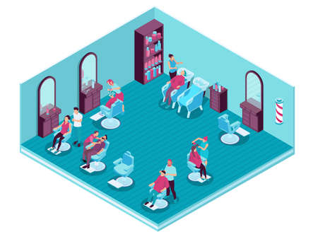 Hairdressers serving their clients in barbershop 3d isometric vector illustrationのイラスト素材