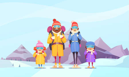 Mountaineering family winter vacation cartoon poster with father mother 2 kids against alpine mountains background vector illustrationのイラスト素材