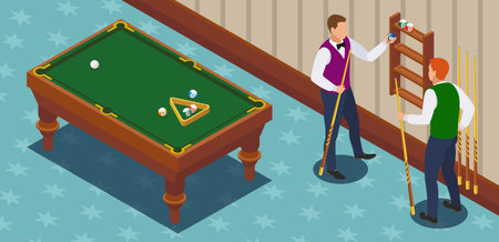 Billiards isometric composition with two male human characters of players in the playing room with furniture vector illustrationのイラスト素材
