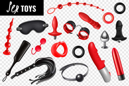 Sex toys transparent set for bdsm with leather whip mask bracelet vibrator realistic icons isolated vector illustrationのイラスト素材