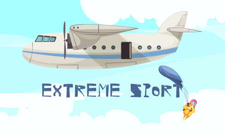 Extreme skydiving sport jump from airplane flat advertising poster with departing plane free fall stage vector illustrationのイラスト素材