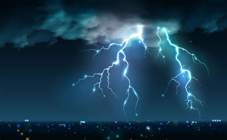 Realistic lightning bolts flashes composition with view of night city sky with clouds and thunderbolt images vector illustrationのイラスト素材