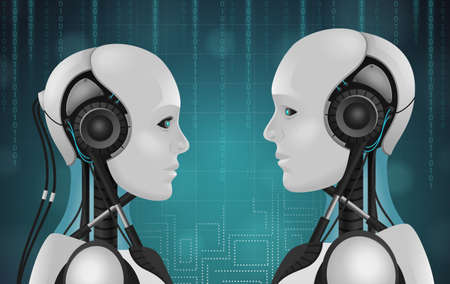 Robot android realistic 3d composition with heads of anthropomorphous characters with wires and...