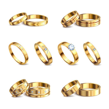 Gold wedding rings 6 realistic isolated sets noble metal with diamonds jewelry against white background vector illustrationのイラスト素材