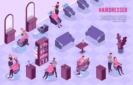 Big barbershop room interior and stylists at work 3d horizontal isometric vector illustrationのイラスト素材