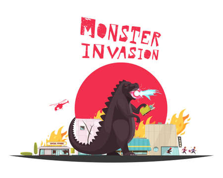 Monster invasion attack scene with funny dragon setting shops ablaze helicopter and running people flat vector illustrationのイラスト素材