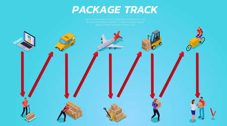 Stages of logistic delivery from package order to customer shipping on blue background isometric horizontal vector illustrationのイラスト素材