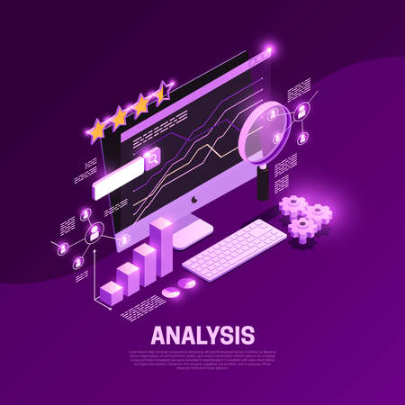 Web seo isometric composition with content analysis symbols vector illustrationのイラスト素材