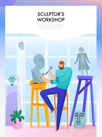 Sculpture master with professional tools during statue making in workshop flat vector illustrationのイラスト素材