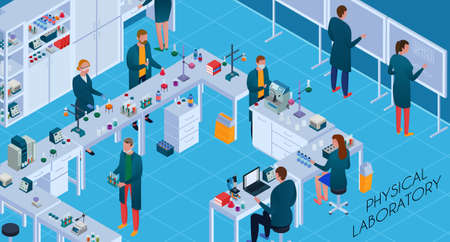 Working staff with chemical and physical equipment during researches in scientific laboratory isometric horizontal vector illustrationのイラスト素材