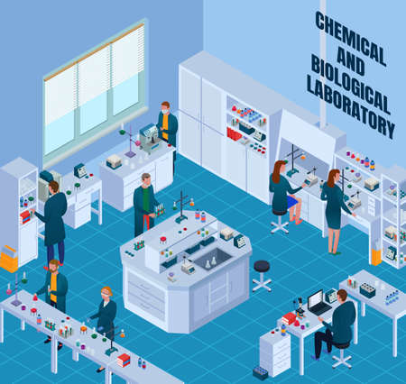 Chemical biological laboratory with scientists during work research equipment and interior elements isometric vector illustrationのイラスト素材