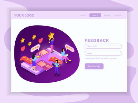 CRM system feed back isometric landing web page with user account and interface elements vector illustrationのイラスト素材