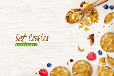 Oatmeal cookies realistic background with scattered oat flakes grains and fresh berries vector illustrationのイラスト素材