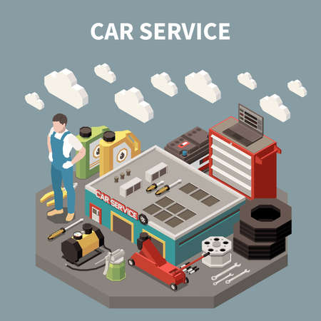 Colored isometric car service composition with worker man at the work and equipment tools vector illustrationのイラスト素材