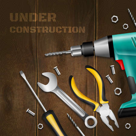 Under construction wooden background with scattered handle instrument for construction and repair works realistic vector illustrationのイラスト素材