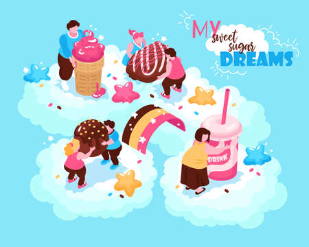 Isometric overeating gluttony composition with conceptual images of sweet confectionery products and fat people on clouds vector illustrationのイラスト素材