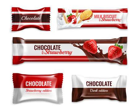 Chocolate candies and biscuits realistic packaging design set with delicious milk strawberry ingredients colorful isolated vector illustrationのイラスト素材