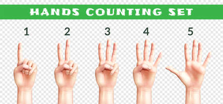 Set of men hands counting from one to five isolated on transparent background realistic vector illustrationのイラスト素材