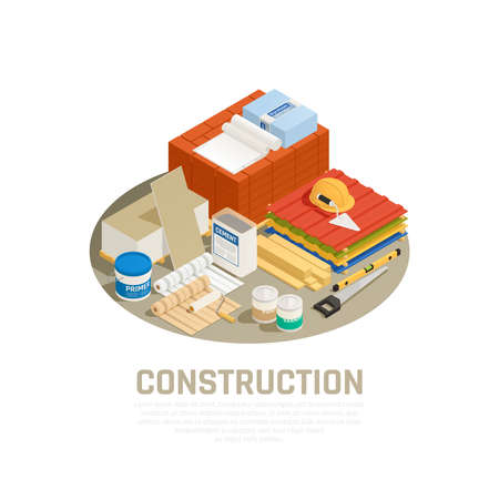 Construction industry concept with building and repairs equipment isometric vector illustrationのイラスト素材