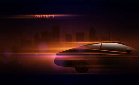 High speed race hatchback car trailing lights motion effect realistic composition in night city street vector illustrationのイラスト素材