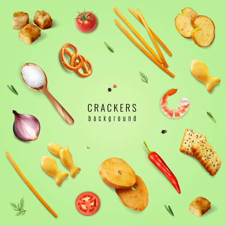 Crackers and snacks with different forms and flavoring additives on green background realistic vector illustrationのイラスト素材