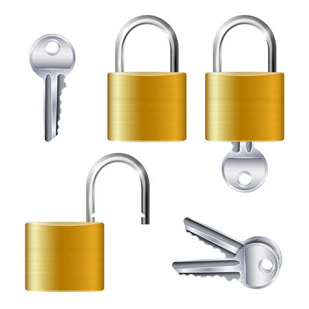 Realistic set of identical gold metallic open and closed padlocks and keys on white background isolated vector illustrationのイラスト素材