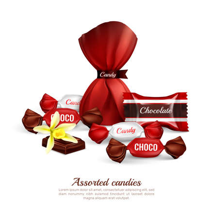 Assorted chocolate candies in colorful foil packaging with fresh vanilla flower   realistic advertising composition lettering vector illustrationのイラスト素材