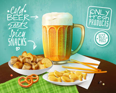Fresh products advertising background with mug of cold beer  and bowls with crackers and snacks realistic vector illustrationのイラスト素材