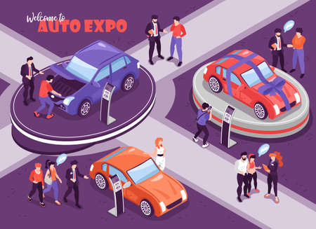 Isometric car showroom background with human characters of people with thought bubbles and cars on podium vector illustrationのイラスト素材