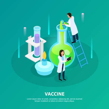 Scientists during laboratory experiment for vaccine development on green background isometric vector illustrationのイラスト素材