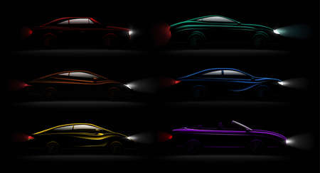 Lightened cars in darkness realistic 6 luxury captivating metallic reflecting colors automobiles lamps lit set vector illustrationのイラスト素材