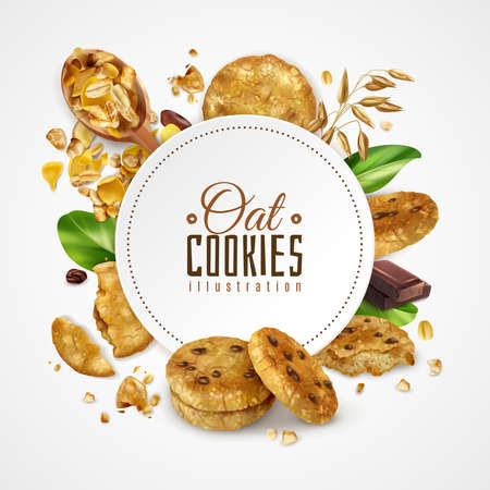 Oat cookies frame illustration decorated green mint leaves and slice of chocolate realistic vector illustrationのイラスト素材