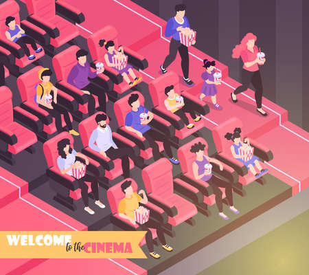 Isometric movie cinema composition background with indoor view of movie theater auditorium with chairs and audience vector illustrationのイラスト素材