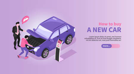 Isometric car showroom horizontal banner with automobile store manager and buyer characters with car and text vector illustrationのイラスト素材